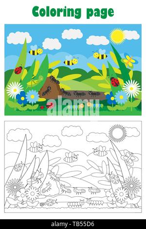 Glade con insetti e fiori in stile cartoon, estate pagina di colorazione, educazione gioco della carta per lo sviluppo dei bambini, i bambini in età prescolare attività Illustrazione Vettoriale