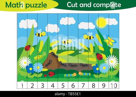 Math puzzle, radura con insetti in stile cartoon, gioco di educazione per lo sviluppo dei bambini di età prescolare, utilizzare forbici, tagliare parti dell'immagine e Illustrazione Vettoriale