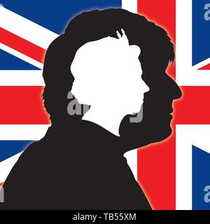Boris Johnson silhouette verticale con bandiera del Regno Unito e della Regina Elisabetta II, british politico del governo del Regno Unito Illustrazione Vettoriale