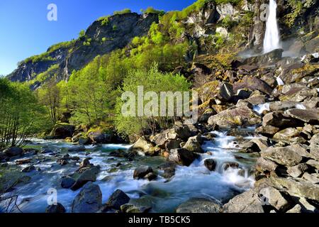 Fiume di montagna Bavona con cascata, Val Bavona, Foroglio, Canton Ticino, Svizzera Foto Stock