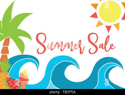 Estate Vendita modello con disegni vettoriali. Onde, sole, palme, ananas, anguria, cono gelato Illustrazione Vettoriale