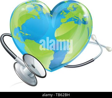 Concetto di salute stetoscopio massa cardiaca Globo mondo Illustrazione Vettoriale