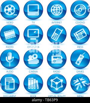 Illustrazione Vettoriale. Icone di controllo multimediale in pulsanti circolari. Colore blu Illustrazione Vettoriale