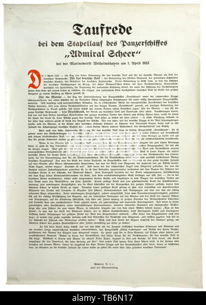 Corazzata 'Admiral Scheer' - cerimoniale di discorso per il lancio il 1 aprile 1933, la grande tela gommata pagina del documento con impresso il testo del discorso, che è stato consegnato da allora a capo della Leadership navale Ammiraglio Erich Raeder sul compleanno del 'Iron Chancellor' Otto von Bismarck. Egli era accompagnato da Reich il Ministro della Difesa di Werner von Blomberg e la figlia di Ammiraglio Reinhard Scheer. Dimensioni di circa 72 x 49 cm, laminato. Al momento, Erich Raeder leggere il discorso da questa pagina all'onore podio. Immagini contemporanee mostrano Raeder tenendo una grande pagina durante th, Editorial-Use-solo Foto Stock