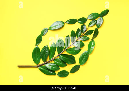 Layout creativi. Ecologia logo. Organici di foglia verde fatto di foglie su sfondo giallo. Lay piatto. Eco Friendly del pianeta e per uno sviluppo sostenibile per l'ambiente conce Foto Stock