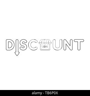 Icona vettore concetto della parola di sconto con la freccia rivolta verso il basso e la percentuale di 20 all'interno di shop store. Contorni neri, sfondo bianco. Illustrazione Vettoriale