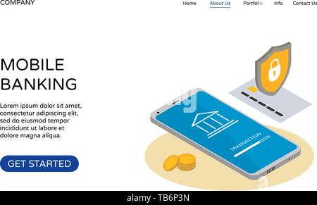 Online banking landing page web site design modello. Isometrica, 3d mobile smartphone, carta bancaria, protezione serratura e monete. Transazione di denaro protezione c Illustrazione Vettoriale
