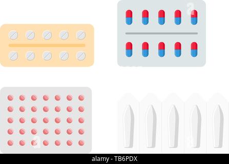 Compresse pillole di farmaci medicina capsule in blister set. Pranzo pharmaceuticals forniture mediche. Design piatto illustrazione vettoriale EPS10 Illustrazione Vettoriale