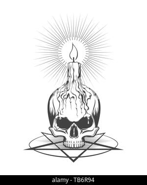 Cranio umano con candela che brucia sul pentagramma segno. Ezoteric o concetto occultic in stile di incisione. Illustrazione Vettoriale. Illustrazione Vettoriale