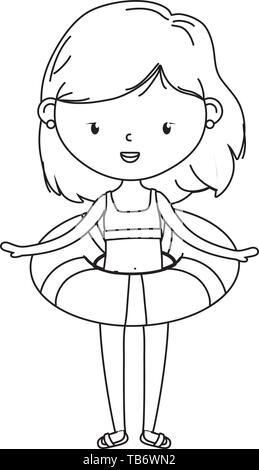 Felice ragazza bambino con il costume da bagno e la flottazione cartoon estate e viaggi illustrazione vettoriale modificabile design in bianco e nero Illustrazione Vettoriale