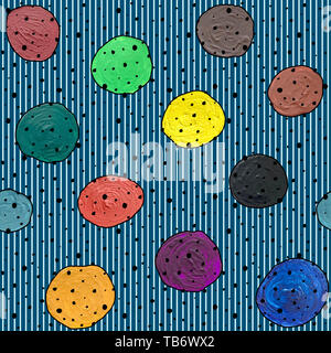 Seamless pattern astratti con gouache cerchi e acrilico su uno sfondo a strisce Foto Stock