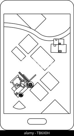 Cellulare Mostra mappa con il carrello elevatore e scatole di illustrazione vettoriale graphic design Illustrazione Vettoriale