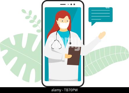 Medico online chat mobile internet consulting. La donna bianca in maschera medica sulla schermata dello smartphone con il discorso di bolla e stetoscopio. Consultare Healthcare Illustrazione Vettoriale