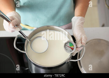 Donna preparando gustosi formaggi in cucina Foto Stock