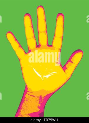 Illustrazione Vettoriale. Vettorializzare mano aperta nel pop e colori piatti. Illustrazione Vettoriale