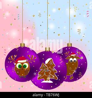 Felice anno nuovo biglietto di auguri con il cervo e il gufo. Buon Natale biglietto di auguri con il cervo e il gufo. Illustrazione Vettoriale