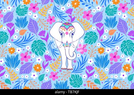 Elefante bianco e fiori tropicali Illustrazione Vettoriale