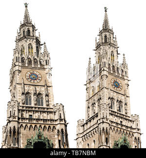 Bell e torre dell'orologio del Neue Rathaus di Monaco di Baviera (Nuovo Municipio) isolati su sfondo bianco. Germania, Europa Foto Stock
