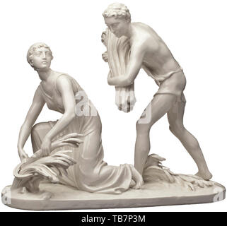 Roland von Bohr (1899 - 1962) - il fulcro 'Summer' per il Reich, Ministero degli Affari Esteri, un gruppo di figure in bianco, gres porcellanato dalla manifattura di Nymphenburg. Stile antica raffigurazione di una gioventù e una ragazza presso la mietitura del grano. Il numero di modello '851 -1' e un diamante a forma di scudo stampigliato sulla base anche di un verde underglaze manufactory mark. Un piede con una crepa, leggermente sbalzato, soprattutto la punta del grano bundle, altrimenti un ottimamente conservati gruppo figurale. Estremamente raro. Altezza circa 32 cm, lunghezza 38 cm. I quattro pratagoniste 'Spring', 'Summer', 'Au, Editorial-Use-solo Foto Stock
