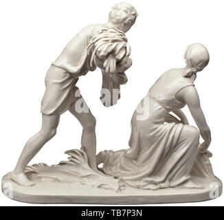 Roland von Bohr (1899 - 1962) - il fulcro 'Summer' per il Reich, Ministero degli Affari Esteri, un gruppo di figure in bianco, gres porcellanato dalla manifattura di Nymphenburg. Stile antica raffigurazione di una gioventù e una ragazza presso la mietitura del grano. Il numero di modello '851 -1' e un diamante a forma di scudo stampigliato sulla base anche di un verde underglaze manufactory mark. Un piede con una crepa, leggermente sbalzato, soprattutto la punta del grano bundle, altrimenti un ottimamente conservati gruppo figurale. Estremamente raro. Altezza circa 32 cm, lunghezza 38 cm. I quattro pratagoniste 'Spring', 'Summer', 'Au, Editorial-Use-solo Foto Stock