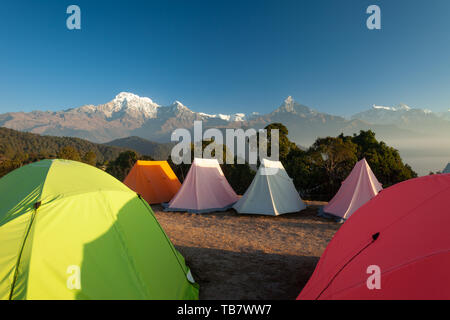 Tende impostato per il gruppo campeggi nella regione di Annapurna, Nepal Foto Stock