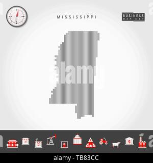 Vettore di linee verticali Modello Mappa del Mississippi. In striping semplice silhouette del Mississippi. Bussola realistiche. Infografico Business icone. Illustrazione Vettoriale