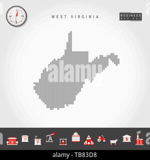 Vettore di linee verticali modello Mappa di West Virginia. In striping semplice Silhouette di West Virginia. Bussola realistiche. Infografico Business icone. Illustrazione Vettoriale