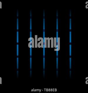 3d blue lo sbiadimento di luce al neon elementi, linee verticali e punti su sfondo nero. Il futuristico configurazione astratta. Illustrazione Vettoriale