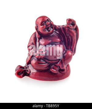 Statua di ridere Buddha - Budai o Hotei. Allegro monaco con il drago e denaro isolato su sfondo bianco. Foto Stock