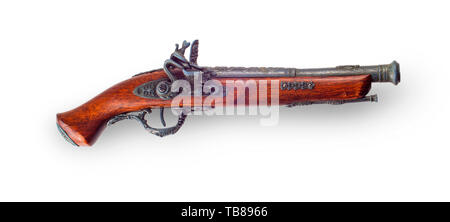 Pistola Vintage su sfondo bianco - antico prussiano flintlock pistola con copia spazio. Foto Stock
