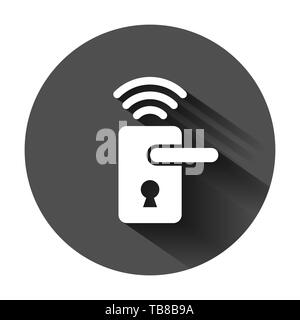 Accesso wireless a serratura della porta segno icona in stile appartamento. Smart home illustrazione vettoriale sul tondo nero lo sfondo con lunga ombra. Sistema remoto concetto aziendale. Illustrazione Vettoriale