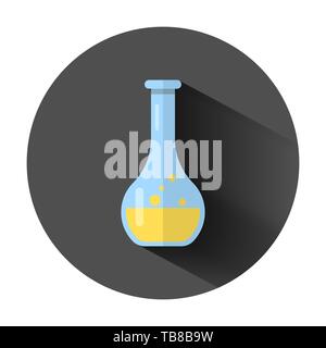 Bicchieri di chimica segno icona in stile appartamento. Pallone provetta illustrazione vettoriale sul tondo nero lo sfondo con lunga ombra. Alchimia concetto aziendale. Illustrazione Vettoriale