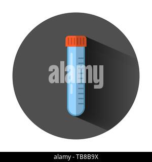 Bicchieri di chimica segno icona in stile appartamento. Pallone provetta illustrazione vettoriale sul tondo nero lo sfondo con lunga ombra. Alchimia concetto aziendale. Illustrazione Vettoriale