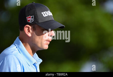 Dublino, OH, Stati Uniti d'America. 31 Maggio, 2019. Brendan Steele attende di tee off per avviare il secondo round di gioco a livello del 2019 Memorial Day torneo presentato da Nationwide a Muirfield Village Golf Club a Dublino, OH. Austyn McFadden/CSM/Alamy Live News Foto Stock