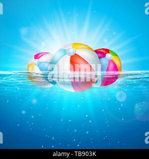 Vettore illustrazione estiva con la pittoresca spiaggia di palla sul sottomarino Blue Sfondo oceano. Realistica la Vacanza estiva Vacanza Design per Banner, Flyer Illustrazione Vettoriale