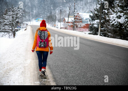 Bella turista femminile nel paesaggio innevato Foto Stock