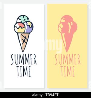 La calligrafia del vettore illustrazione estate con gelato icona. Disegnate Segno Arte. Caratteri tipografici poster. Saluti divertenti per i vestiti, carta, badge Illustrazione Vettoriale