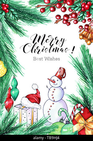 Merry Christmas greeting card modello. Xmas lettering calligrafico idea. Anno nuovo layout banner. Holiday decorazioni, doni, pupazzo di neve. Flyer, brochure, dépliant, poster design concept Foto Stock