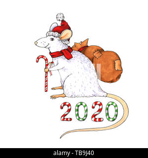 Xmas Rat in Babbi Natale di Red Hat e Babbo Natale personale. Zodiaco Cinese animale con borsa regalo e 2020 Candy Cane Lettering. Vacanze di Natale illustrazione isolato Foto Stock