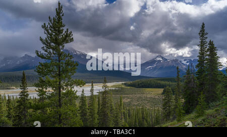 Nubi sul paesaggio, Saskatchewan attraversamento fluviale, Icefields Parkway, Jasper, Alberta, Canada Foto Stock