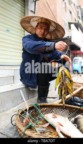 Un uomo cinese di vendita del pesce a Kaili mercato del Guizhou. Foto Stock