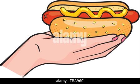 Mano azienda hot dog cartoon icona illustrazione vettoriale graphic design Illustrazione Vettoriale