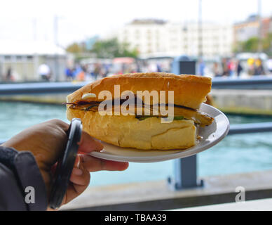 Sandwich con la frittura di pesce e verdura presso un ristorante locale in Istanbul, Turchia. Foto Stock