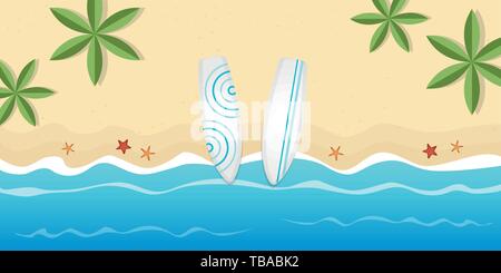 Due tavole da surf in spiaggia con le palme e la stella di mare vacanze estate sfondo illustrazione vettoriale EPS10 Illustrazione Vettoriale