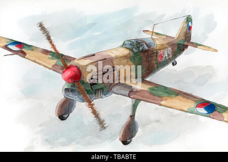 Allentate il disegno di un combattente cecoslovacco Avia B.35 (secondo prototipo) in volo. Acquerello su carta. Foto Stock