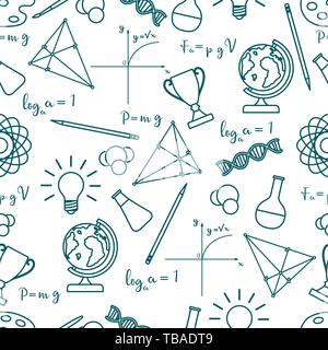 Vector seamless pattern con scientifica, l'istruzione elementi: Globe, formule, boccette, molecole, Atom, DNA, la funzione grafico, matita, triangolo. Progettazione f Illustrazione Vettoriale