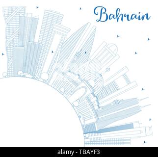 Delineare il Bahrain skyline della città con edifici blu e copia di spazio. Illustrazione Vettoriale. Viaggi di affari e di turismo con il concetto di architettura moderna. Illustrazione Vettoriale