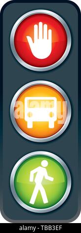 Illustrazione Vettoriale. Icona della spia del traffico. Fermare la mano sul rosso. Veicolo su Orange. Pedone sul verde. Illustrazione Vettoriale