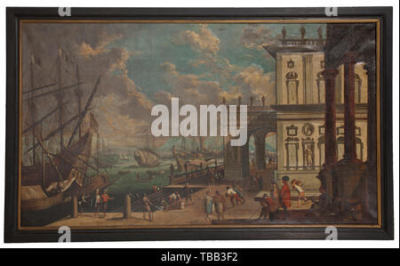 Un porto mediterraneo di scena con cucine Sud master europeo, probabilmente a metà del XVIII secolo. In primo piano sauntering, tra gli altri commercianti turchi nonché le protezioni e i lavoratori portuali. Olio su tela. Non firmato, parzialmente ridipinta. In un nero laccato telaio in legno. Dimensioni della pittura di 90 x 156 cm, dimensioni del telaio 100 x 167 cm. Secondo la tradizione dalla tenuta della Granduchessa Olga Nikolaevna Romanova della Russia (1822 - 1892). storica, storica del XIX secolo, Additional-Rights-Clearance-Info-Not-Available Foto Stock