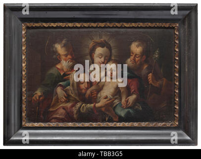 Maria col Bambino ed altri santi Olio su legno. Ignoto pittore tedesco, dall'inizio del XVIII secolo. In un nero laccato telaio in legno. Sul lato opposto dei resti di una etichetta di inventario. Dimensioni della cornice 36,5 x 50,5 cm. Dimensioni della pittura 38 x 24,5 cm. Secondo la tradizione dalla tenuta della Granduchessa Olga Nikolaevna Romanova della Russia (1822 - 1892). storica, storica del XIX secolo, Additional-Rights-Clearance-Info-Not-Available Foto Stock